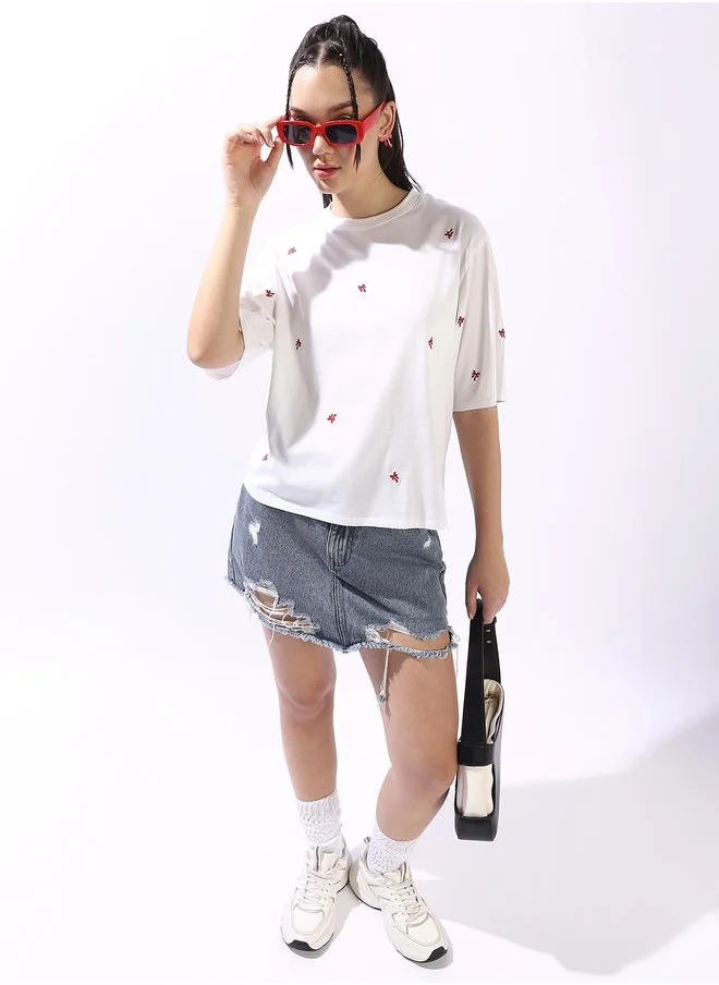 هوبرهولمي Women's Off White 100% Cotton Embroidered Oversized T-Shirt
