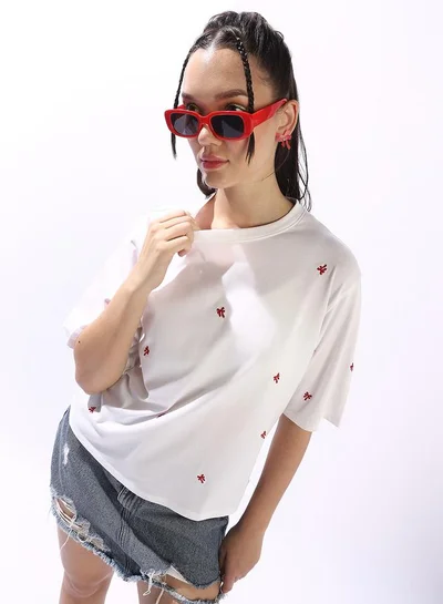 Hubberholme Women's Off White 100% Cotton Embroidered Oversized T-Shirt