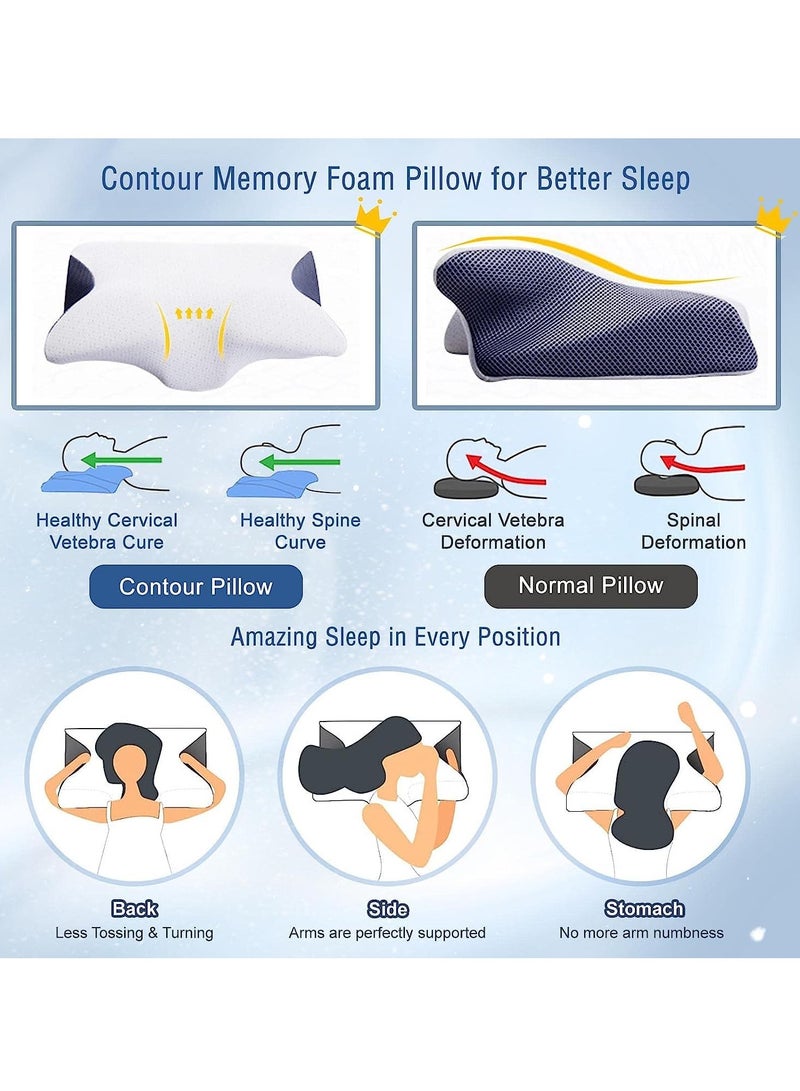 Butterfly Cervical Memory Foam Pillow, Ergonomic Pillows For Neck And Shoulder Pain Relief, Orthopedic Contour Neck Support Pillows For Side, Back And Stomach Sleepers With Washable Cover