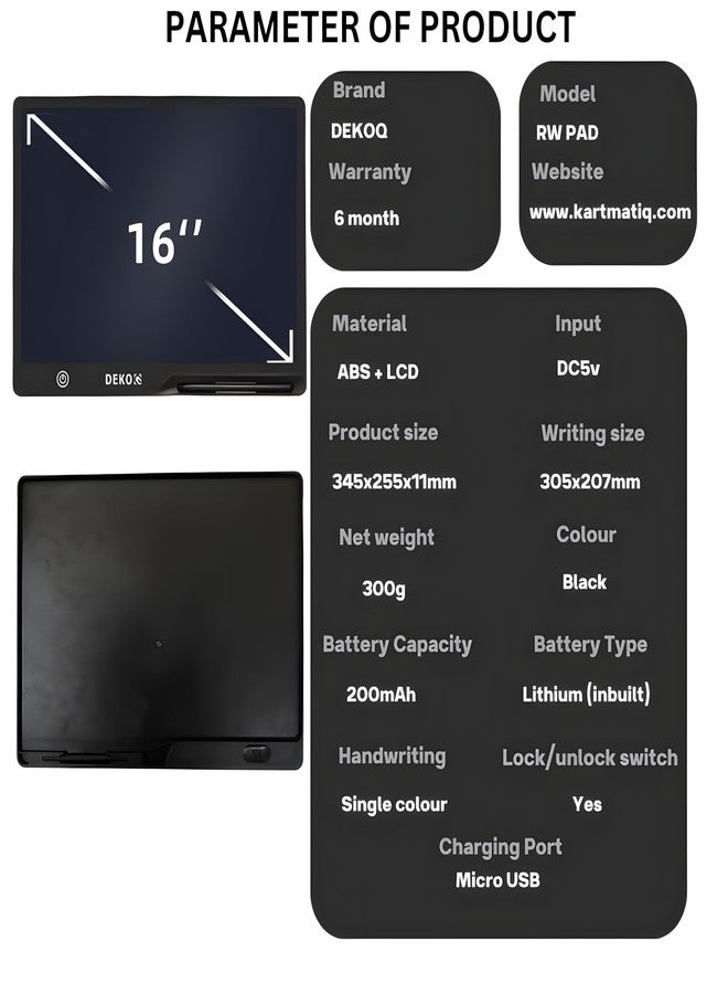 Dekoq LCD Writing Tablet for Kids 16 Inch, Toys for Girls Boys Drawing Pad for 3 4 5 6 7 8 Year Old Kid, Toddler Rechargeable Doodle Board Travel Essentials for Children (Black) - Image 3