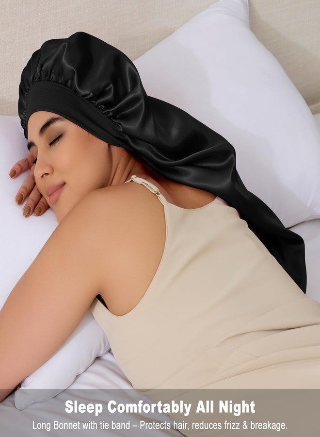 ZHENSILK Long Silk Bonnet for Sleeping, Satin Bonnet for Curly Long Hair, Braid, Locs, Dreads, Extra Large Sleep Cap for Women (Black) - Image 2