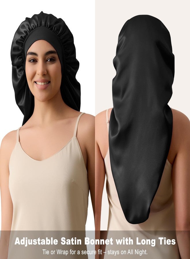 ZHENSILK Long Silk Bonnet for Sleeping, Satin Bonnet for Curly Long Hair, Braid, Locs, Dreads, Extra Large Sleep Cap for Women (Black) - Image 3
