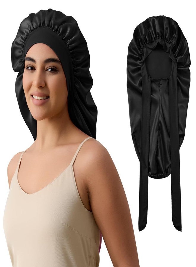 ZHENSILK Long Silk Bonnet for Sleeping, Satin Bonnet for Curly Long Hair, Braid, Locs, Dreads, Extra Large Sleep Cap for Women (Black) - Image 1