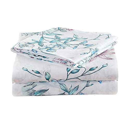JSD White Blue Floral Printed Sheet Set Queen Size 4 Piece Botanical Microfiber Sheets Extra Deep Pocket