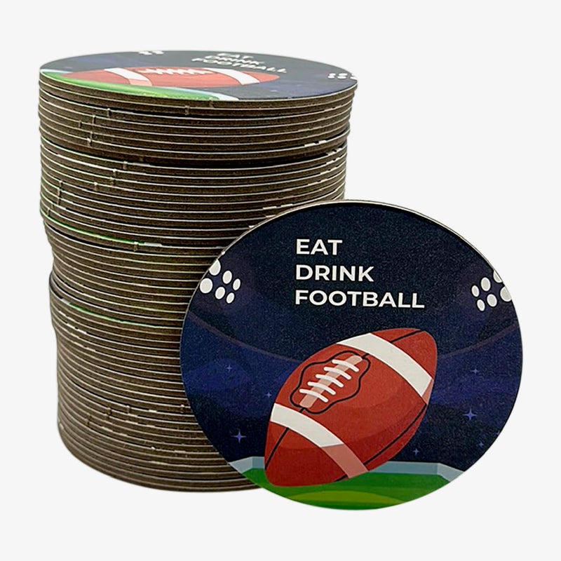 BASHOUT Round Football Disposable Drink Coasters| 50 Pack 3.5” Cardboard Football Coasters | For Game Day Celebrations, Football Parties, Sports Events, Birthdays | Big Game & Tailgate Drink Coasters |Bashout - Image 1