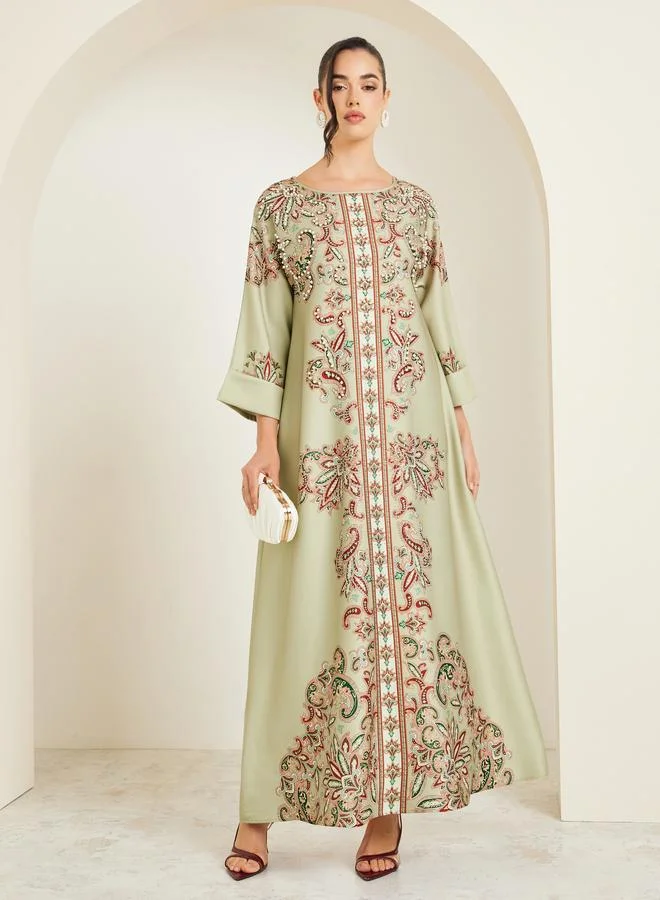 Amirah Women Green Embellished Long Sleeve Jalabiya