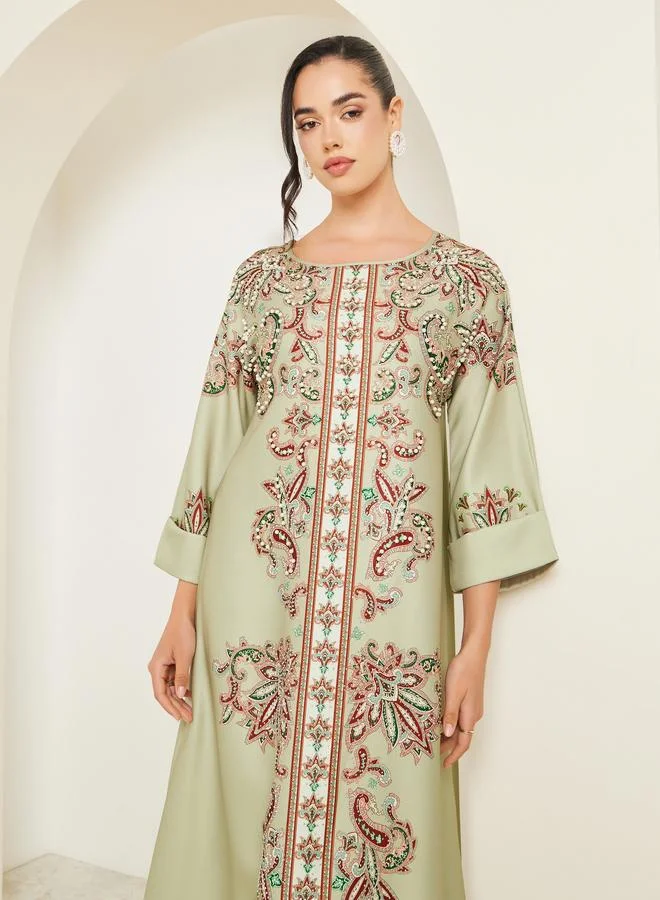 Amirah Women Green Embellished Long Sleeve Jalabiya