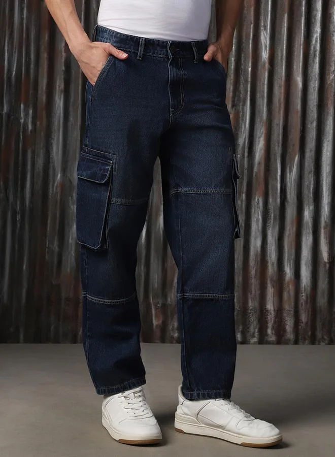 HIGH STAR Men's Indigo 100% Cotton Washed Regular Length Cargo Straight Fit Jeans