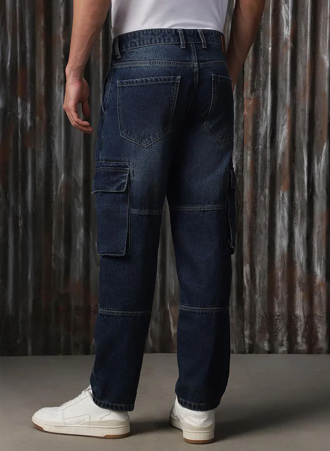 HIGH STAR Men's Indigo 100% Cotton Washed Regular Length Cargo Straight Fit Jeans