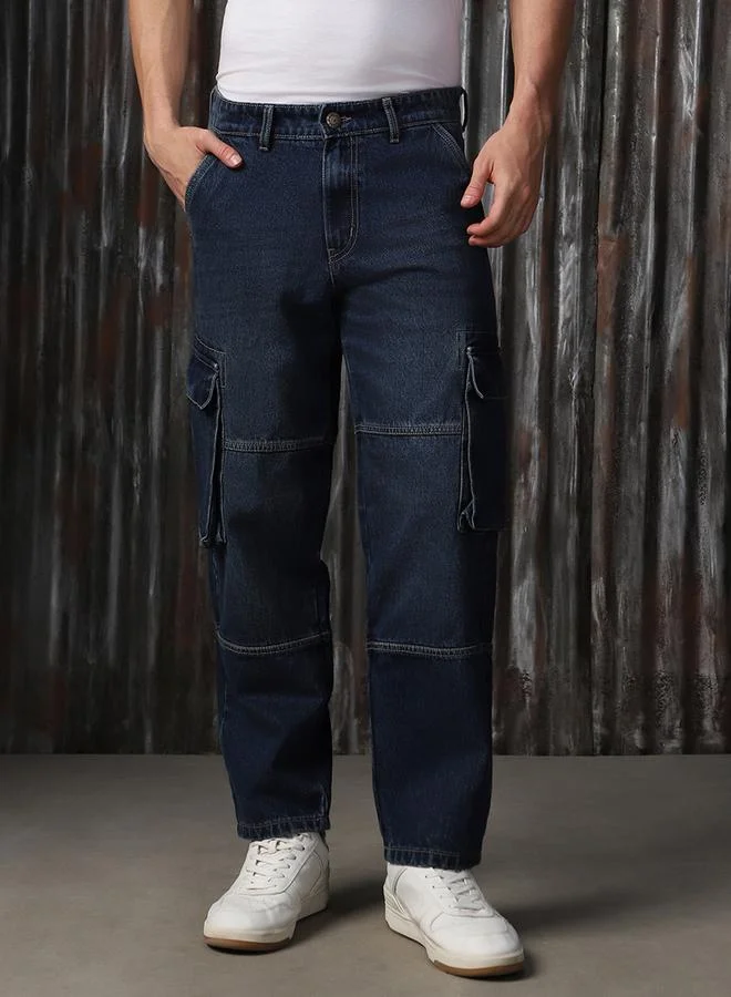 HIGH STAR Men's Indigo 100% Cotton Washed Regular Length Cargo Straight Fit Jeans