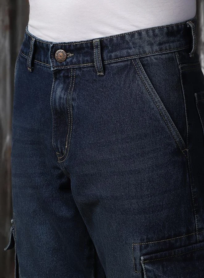 HIGH STAR Men's Indigo 100% Cotton Washed Regular Length Cargo Straight Fit Jeans