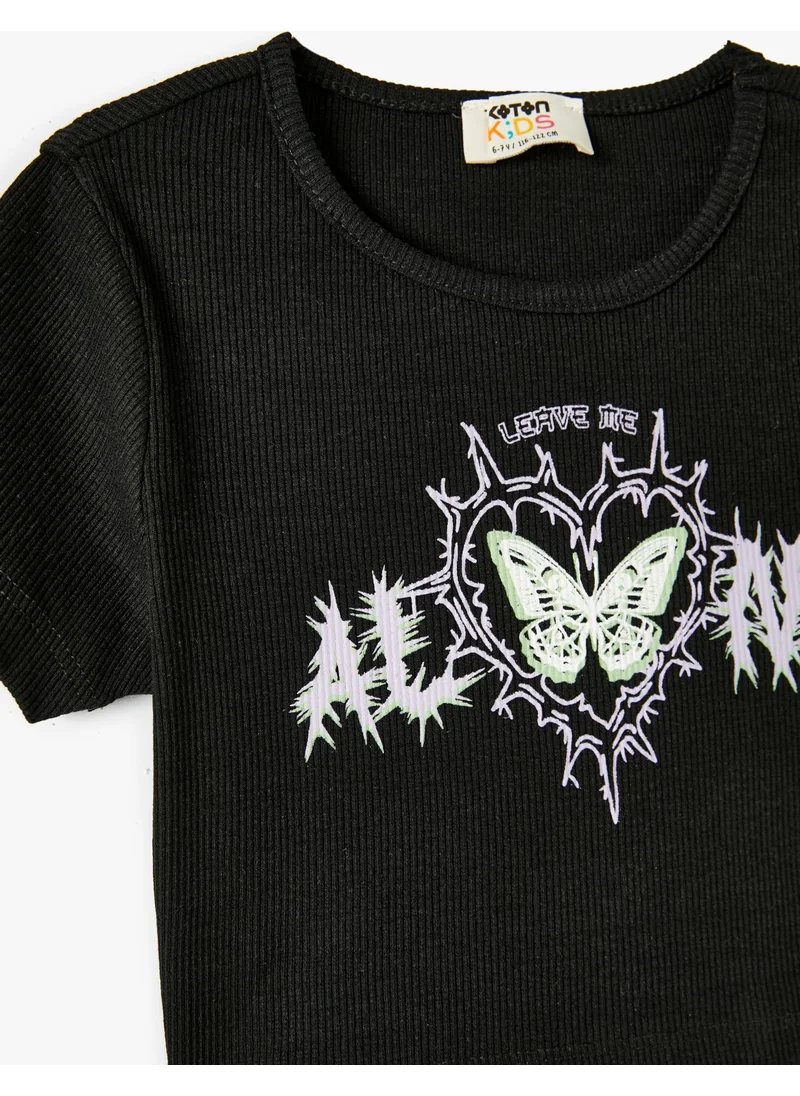 كوتون Crop T-Shirt Printed Ribbed Short Sleeve Crew Neck