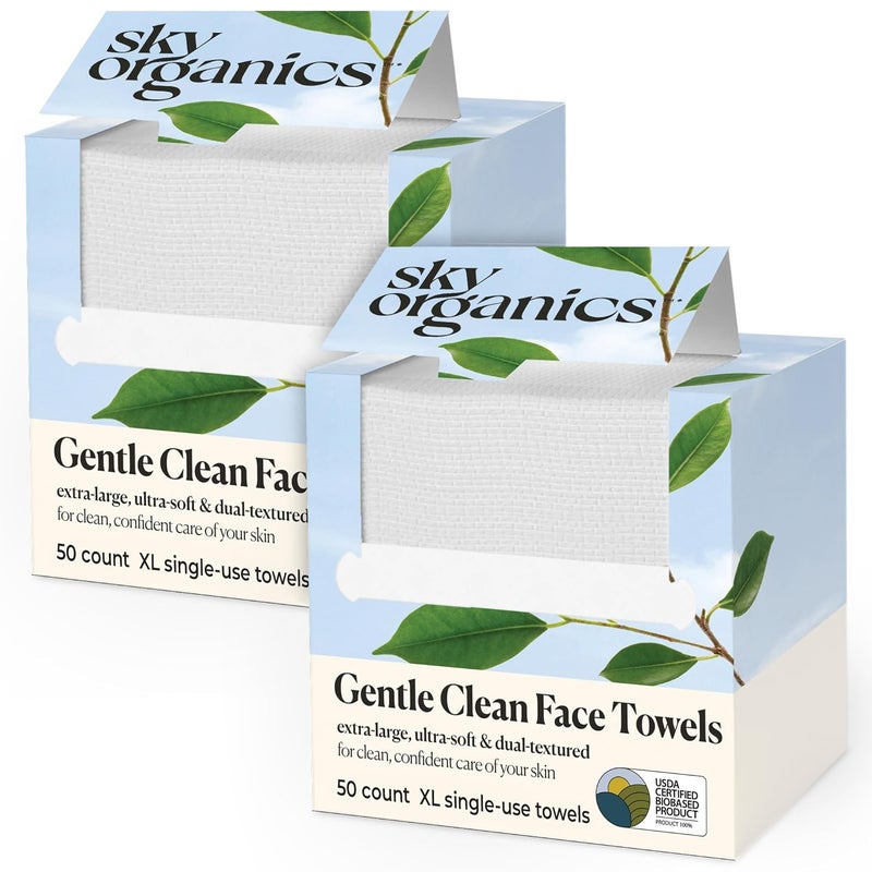 Sky Organics  Gentle Clean Face Towels 2Pack  100 XL SingleUse Face Wipes  Ultra Soft  Dual Textured  Disposable Face Towel  Makeup Remover Wipes  Cruelty Free  Skin Care Tools  Self Care