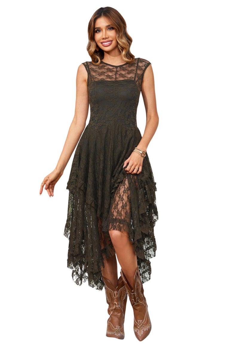 R.Vivimos Womens Sleeveless Backless Asymmetrical Layered Lace Long Dress with Slip Two Pieces (Large, ArmyGreen) - Image 1