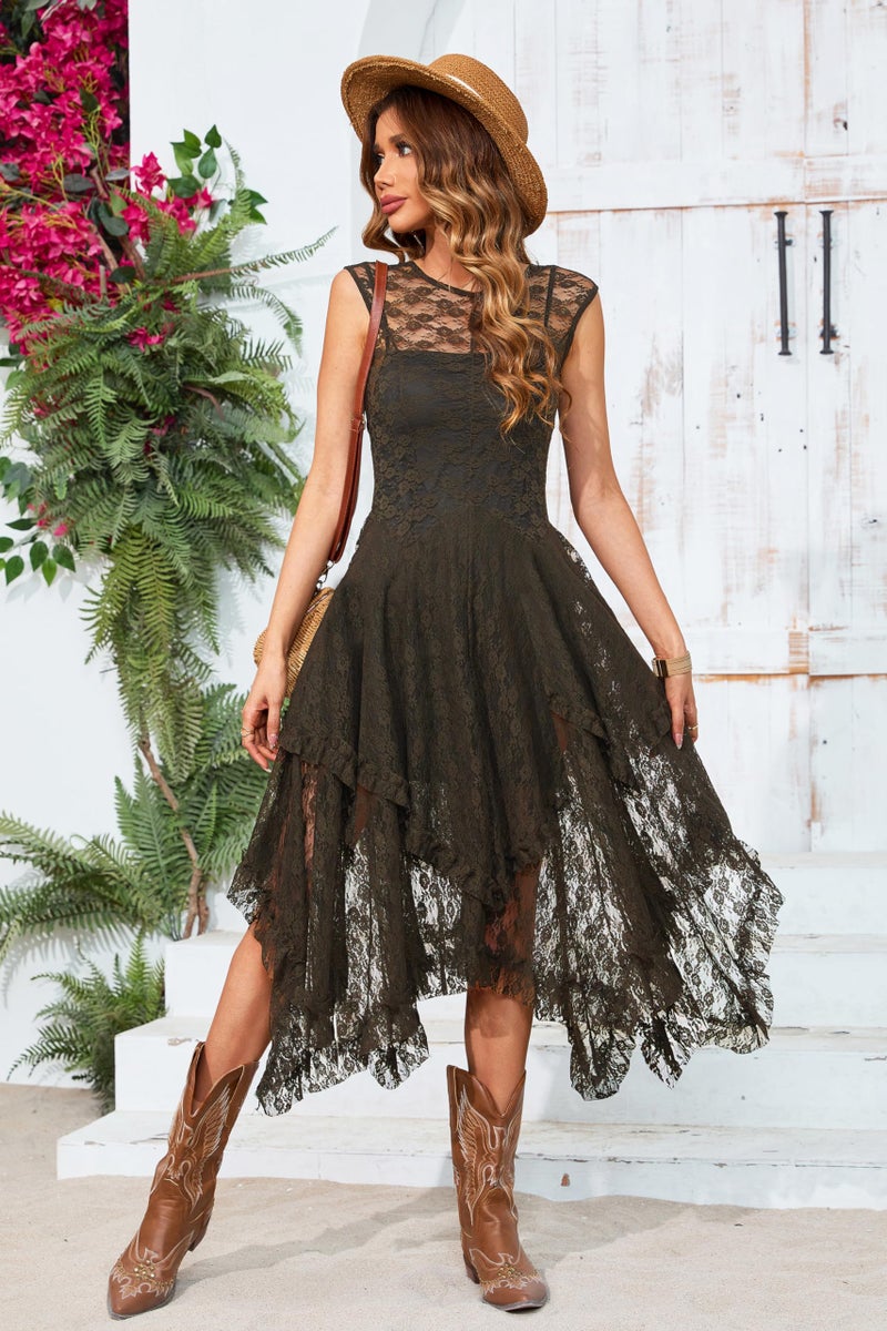 R.Vivimos Womens Sleeveless Backless Asymmetrical Layered Lace Long Dress with Slip Two Pieces (Large, ArmyGreen) - Image 4