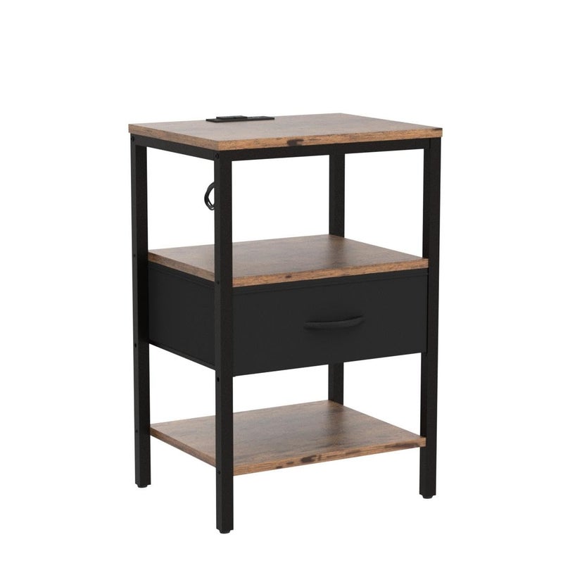 SUPERJARE Nightstand Set of 2, Bed Side Tables with Charging Station, Adjustable Fabric Drawer, Night Stand for Bedroom, 3-Tier Storage End Tables, for Living Room, Rustic Brown and Black - Image 4