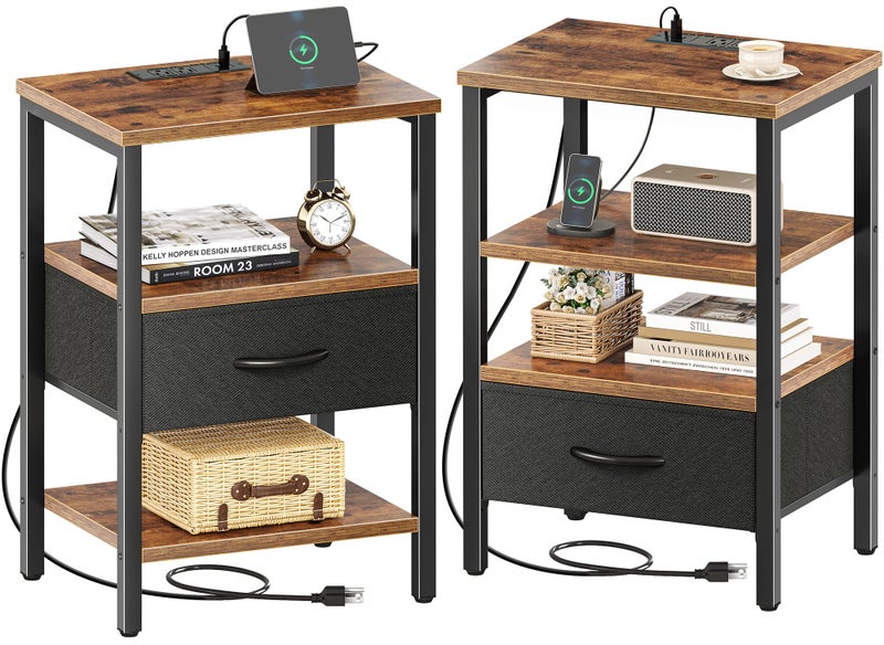SUPERJARE Nightstand Set of 2, Bed Side Tables with Charging Station, Adjustable Fabric Drawer, Night Stand for Bedroom, 3-Tier Storage End Tables, for Living Room, Rustic Brown and Black - Image 1