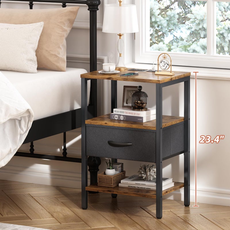 SUPERJARE Nightstand Set of 2, Bed Side Tables with Charging Station, Adjustable Fabric Drawer, Night Stand for Bedroom, 3-Tier Storage End Tables, for Living Room, Rustic Brown and Black - Image 2