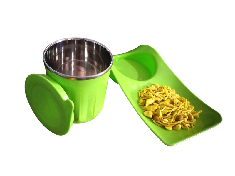 Tekzie Snacks Tray with (350ml) Tea/Coffee Inside Steel Cup (Pack of 1) (Random Color Will Be Sent) - Image 3