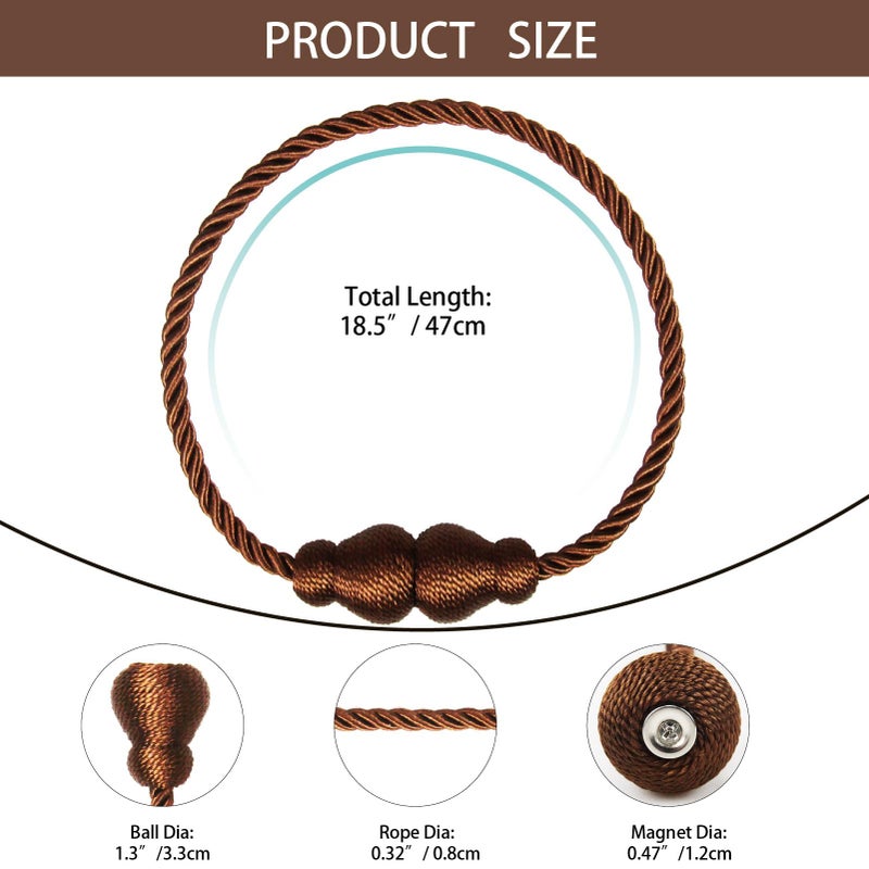 Nieffeiy Magnetic Curtain Tiebacks Outdoor Curtain Tie Backs Rope Decorative Magnetic Curtain Holders for Drapes Window Treatment Holdbacks, Coffee 6Pack - Image 2