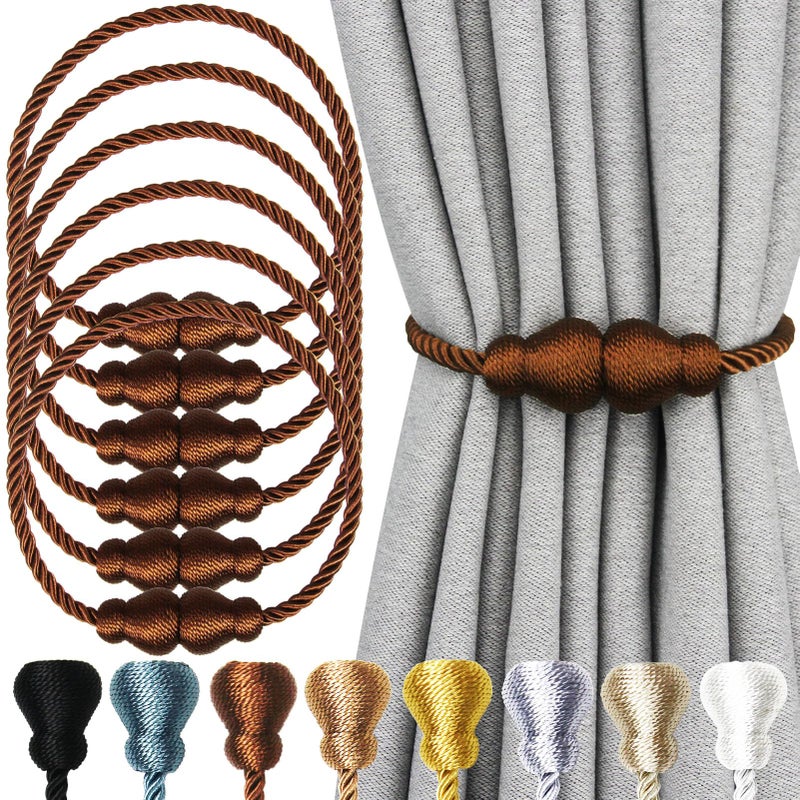 Nieffeiy Magnetic Curtain Tiebacks Outdoor Curtain Tie Backs Rope Decorative Magnetic Curtain Holders for Drapes Window Treatment Holdbacks, Coffee 6Pack - Image 1