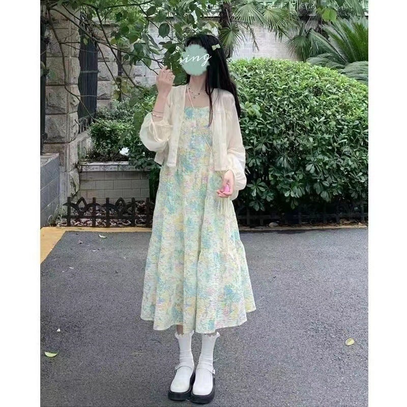 Japanese Sweet Fresh Green Sundress and Sunscreen Top Set suit * 963 【sunscreen jacket skirt】】