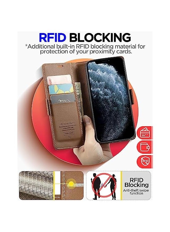 CaseMe iPhone 11 Pro Max RFID Blocking Leather Wallet Case - Flip Folio Design, Strong Magnetic Closure, Credit Card Holder, Kickstand - Brown  - Image 3