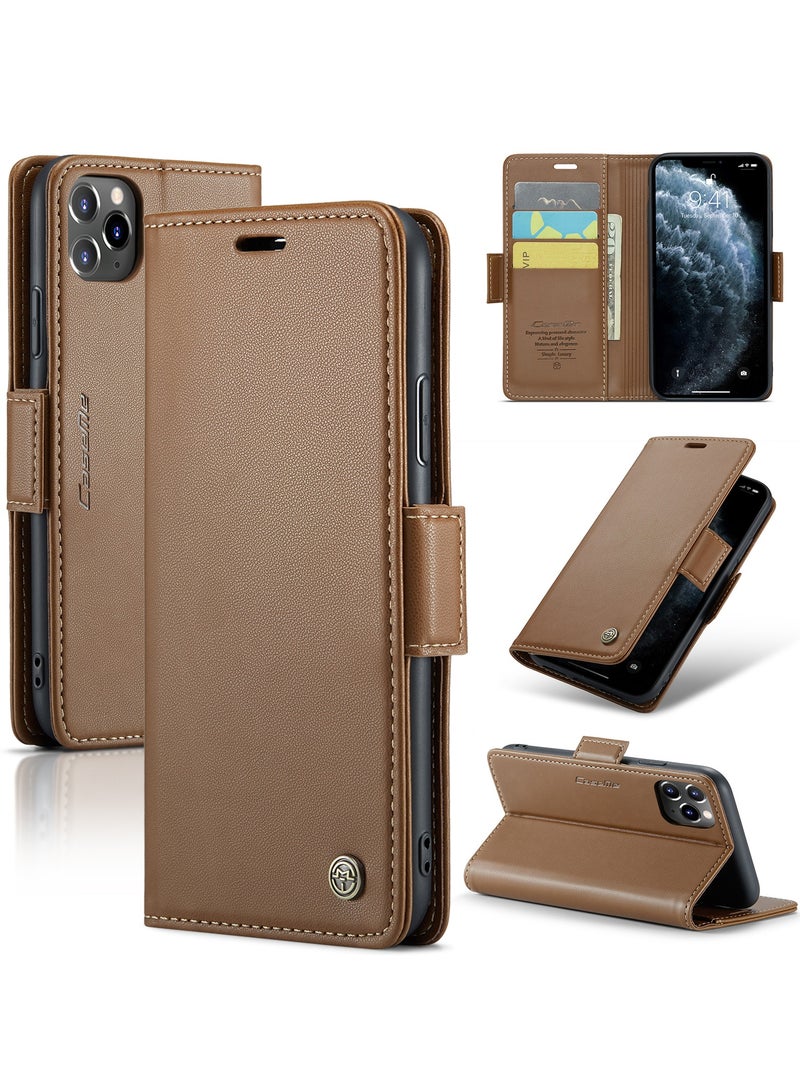 CaseMe iPhone 11 Pro Max RFID Blocking Leather Wallet Case - Flip Folio Design, Strong Magnetic Closure, Credit Card Holder, Kickstand - Brown  - Image 1