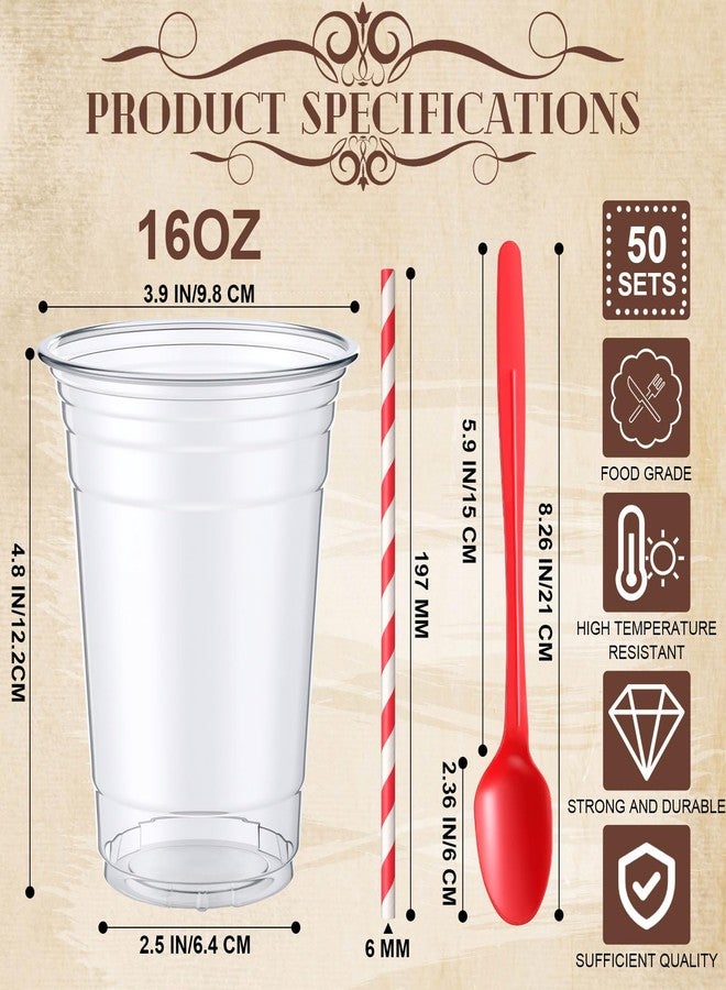 Potchen 50Sets Disposable Utensils, 16 oz Plastic Root Beer Float Cups Parfait Cups, 8.27 Inch Sundae Spoons and Red Paper Straws Plastic Utensils Party Supply for Ice Cream Cold Drinks - Image 2
