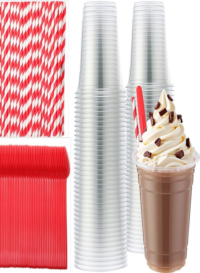 Potchen 50Sets Disposable Utensils, 16 oz Plastic Root Beer Float Cups Parfait Cups, 8.27 Inch Sundae Spoons and Red Paper Straws Plastic Utensils Party Supply for Ice Cream Cold Drinks - Image 1