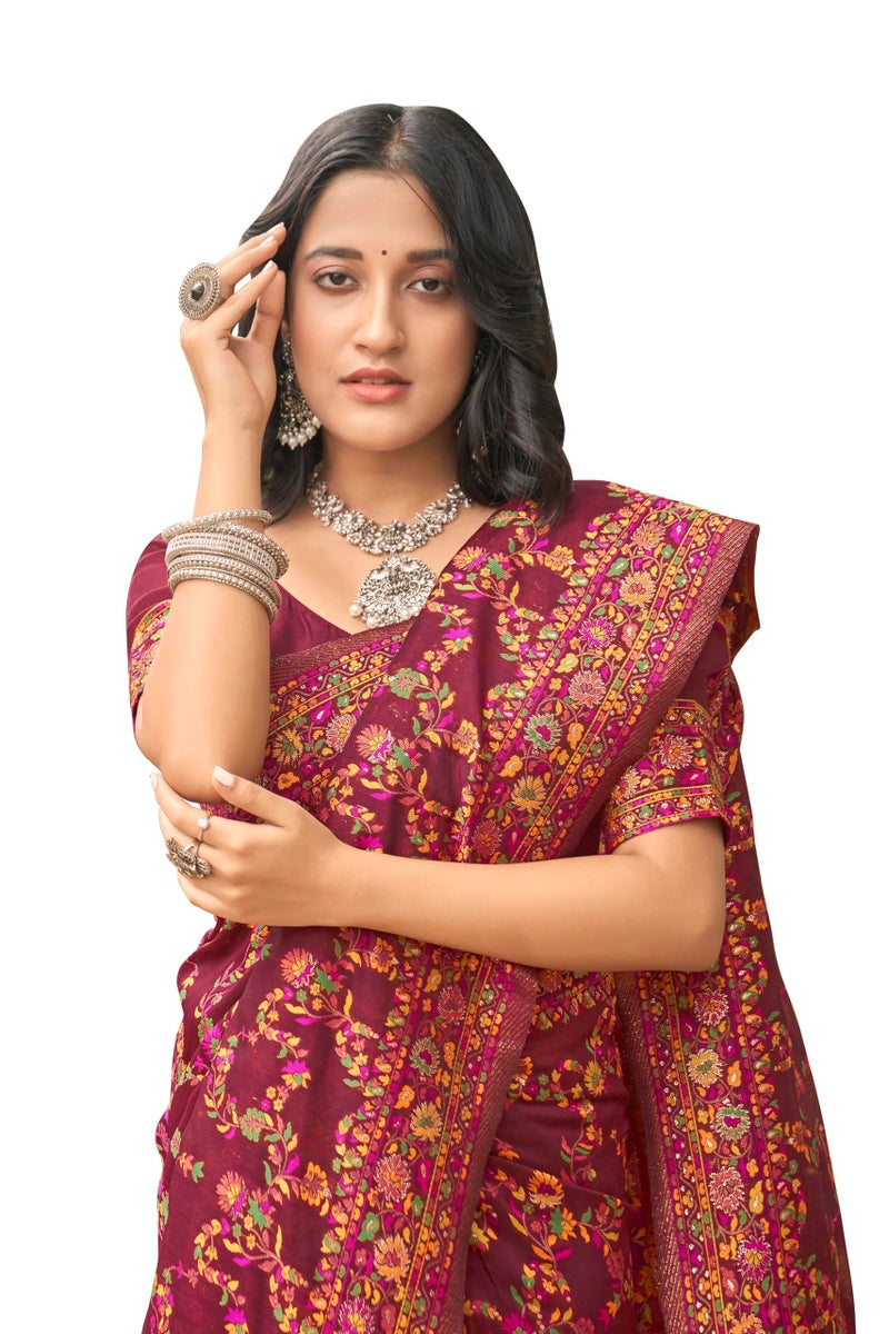 Glory Sarees Women's Kashmiri Cotton Woven Saree With Blouse Piece (Heritage_Silk108_Maroon) - Image 1
