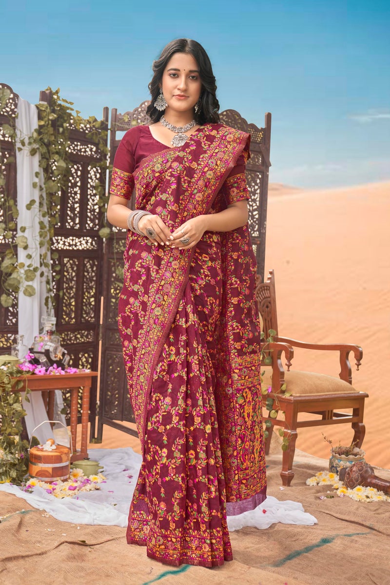 Glory Sarees Women's Kashmiri Cotton Woven Saree With Blouse Piece (Heritage_Silk108_Maroon) - Image 3