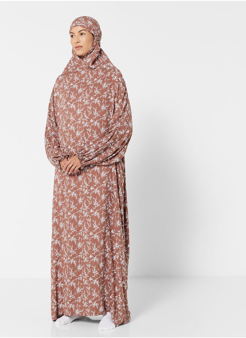 Hayat - Praying Dress With Floral Prints And Attached Veil - Image 1