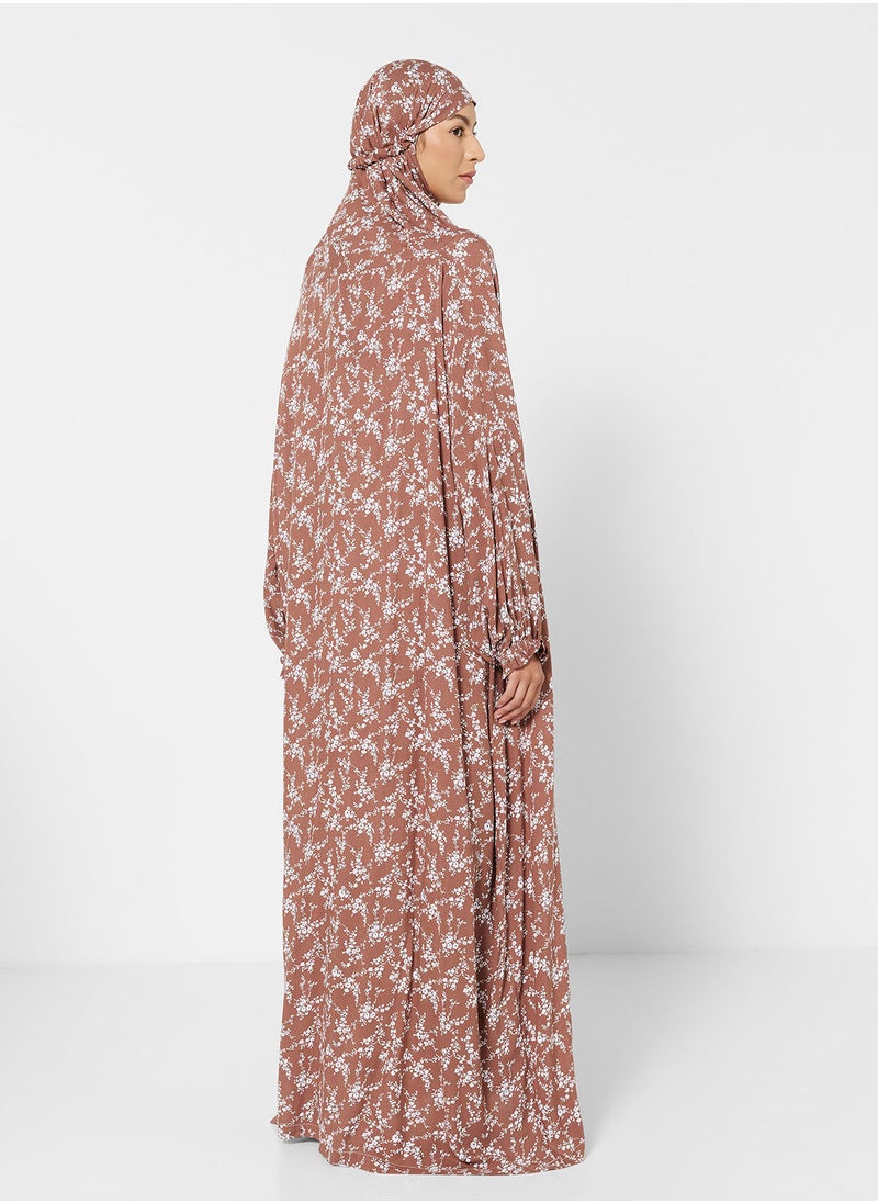Hayat - Praying Dress With Floral Prints And Attached Veil - Image 1
