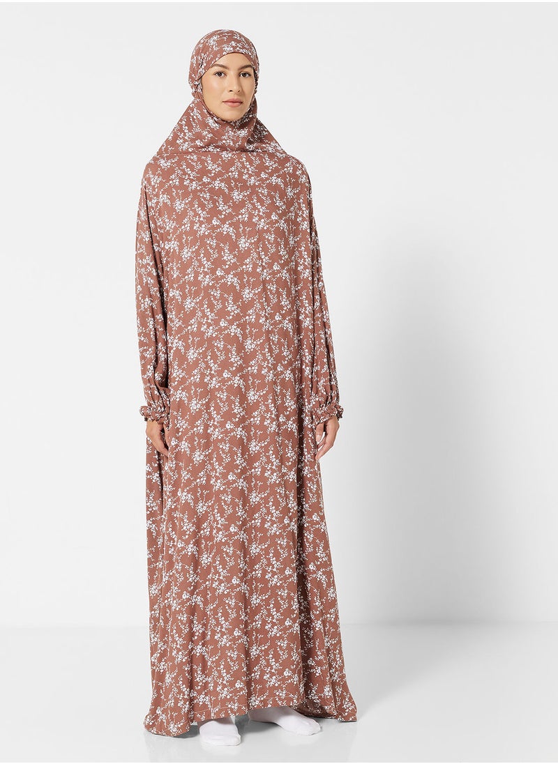 Hayat - Praying Dress With Floral Prints And Attached Veil - Image 1