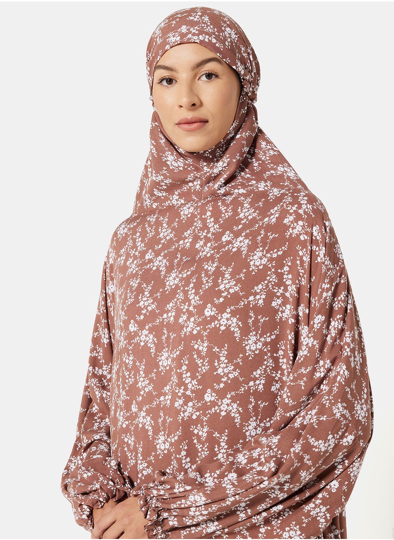 Hayat - Praying Dress With Floral Prints And Attached Veil - Image 1