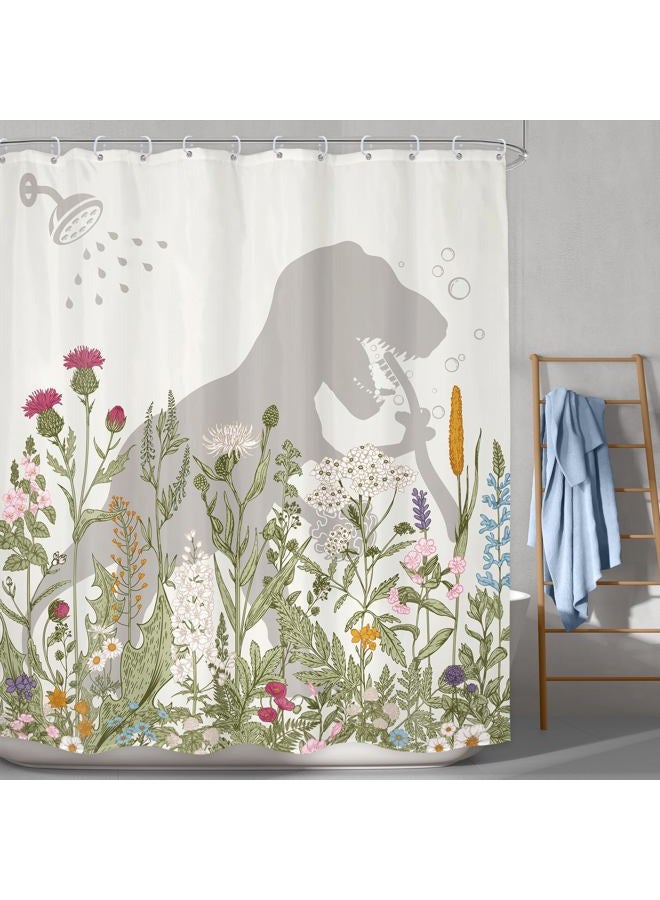 LGhtyro Dinosaur Wildflower Kids Shower Curtain Bathroom Set 60Wx71H Inches Funny Dino Silhouette Floral Rustic Plant Leaves Botanical Bath Accessories for Boys Art Home Decor Fabric 12 Pack Hooks - Image 2