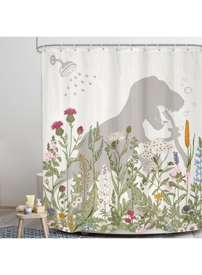 LGhtyro Dinosaur Wildflower Kids Shower Curtain Bathroom Set 60Wx71H Inches Funny Dino Silhouette Floral Rustic Plant Leaves Botanical Bath Accessories for Boys Art Home Decor Fabric 12 Pack Hooks - Image 3