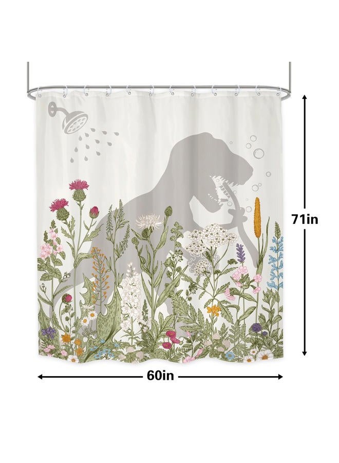 LGhtyro Dinosaur Wildflower Kids Shower Curtain Bathroom Set 60Wx71H Inches Funny Dino Silhouette Floral Rustic Plant Leaves Botanical Bath Accessories for Boys Art Home Decor Fabric 12 Pack Hooks - Image 5