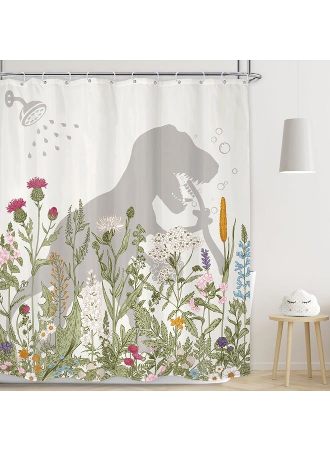 LGhtyro Dinosaur Wildflower Kids Shower Curtain Bathroom Set 60Wx71H Inches Funny Dino Silhouette Floral Rustic Plant Leaves Botanical Bath Accessories for Boys Art Home Decor Fabric 12 Pack Hooks - Image 1