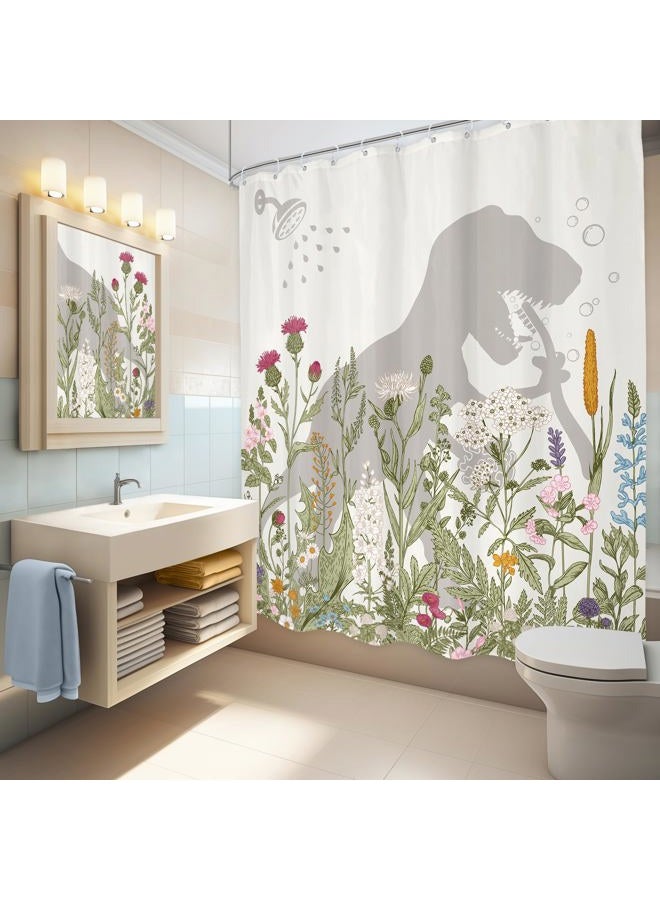LGhtyro Dinosaur Wildflower Kids Shower Curtain Bathroom Set 60Wx71H Inches Funny Dino Silhouette Floral Rustic Plant Leaves Botanical Bath Accessories for Boys Art Home Decor Fabric 12 Pack Hooks - Image 4