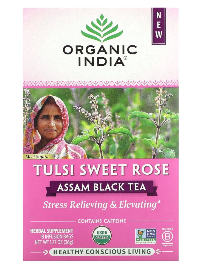 Organic India Assam Black Tea Tulsi Sweet Rose 18 Infusion Bags 1.27 oz (36 g) 