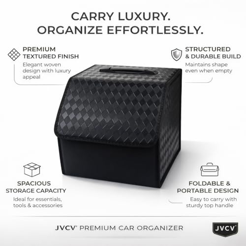 JVCV® Stylish Embossed PU Leather Car Trunk Organizer – Foldable Multipurpose Car Boot Storage Box with Handle Design | Durable & Elegant Car Interior Organizer for Travel (Style A, Black - Small) - Image 2