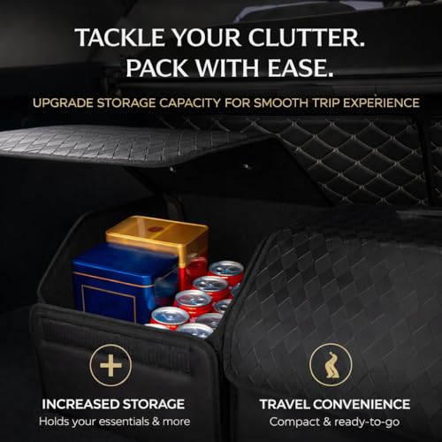 JVCV® Stylish Embossed PU Leather Car Trunk Organizer – Foldable Multipurpose Car Boot Storage Box with Handle Design | Durable & Elegant Car Interior Organizer for Travel (Style A, Black - Small) - Image 4