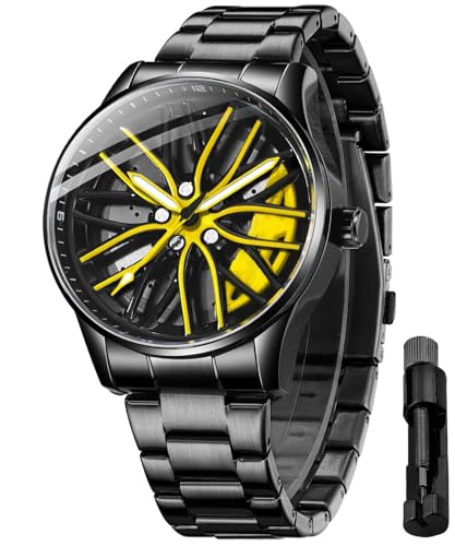 MASTOP Mens Wrist Watch Creative 3D Spinning Car Wheel Rotating Watches Rim Hub Design Fashion Quartz Stylish Wristwatch with Stainless Steel Strap Gifts for Car Enthusiasts X Black Yellow - Image 1