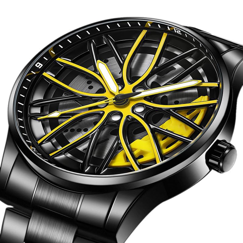 MASTOP Mens Wrist Watch Creative 3D Spinning Car Wheel Rotating Watches Rim Hub Design Fashion Quartz Stylish Wristwatch with Stainless Steel Strap Gifts for Car Enthusiasts X Black Yellow - Image 3
