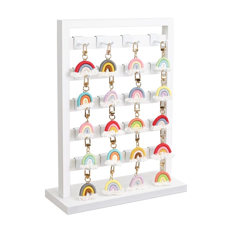 Ikee Design 5 Tiers Wooden Jewelry Display Rack with 20 Removable Metal HooksEarring Card Display StandJewelry OrganizerBracelet Keychain Stand Wash White