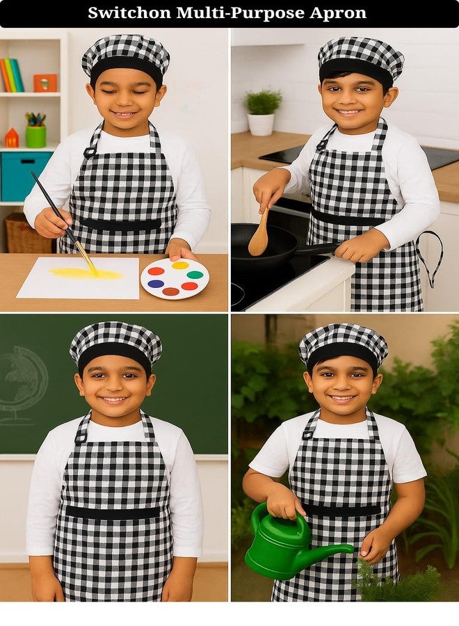Switchon Waterproof Kids Multi Purpose Cooking Painting and School checkered kids Apron with Chef cap for 5 Yrs to 12 yrs (Black_White) - Image 5