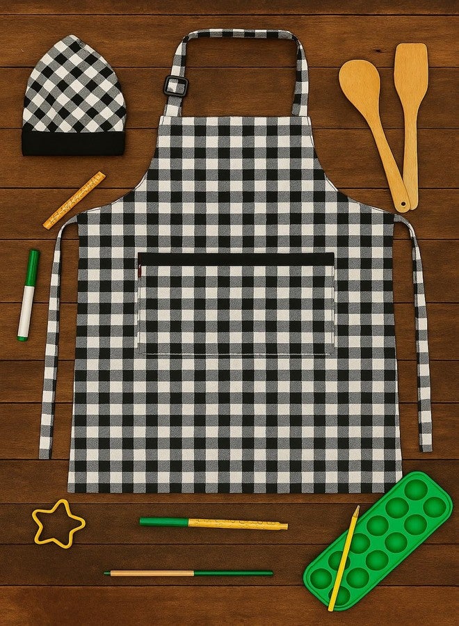 Switchon Waterproof Kids Multi Purpose Cooking Painting and School checkered kids Apron with Chef cap for 5 Yrs to 12 yrs (Black_White) - Image 4