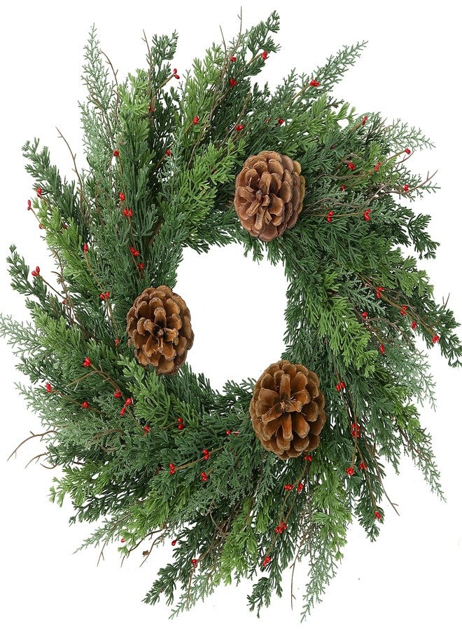 Sggvecsy 22’’ Real Touch Norfolk Pine Wreath Artificial Christmas Green Cedar Wreath for Front Door with Pinecones Christmas Decorations for Winter Farmhouse Wall Indoor Outdoor Home Holiday Xmas Decor - Image 1